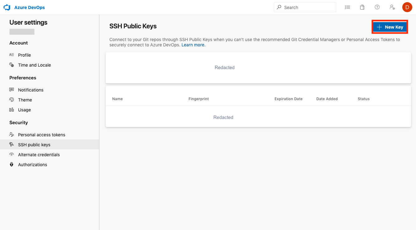 Click the '+ New Key' button to create a new SSH key for the repository.
